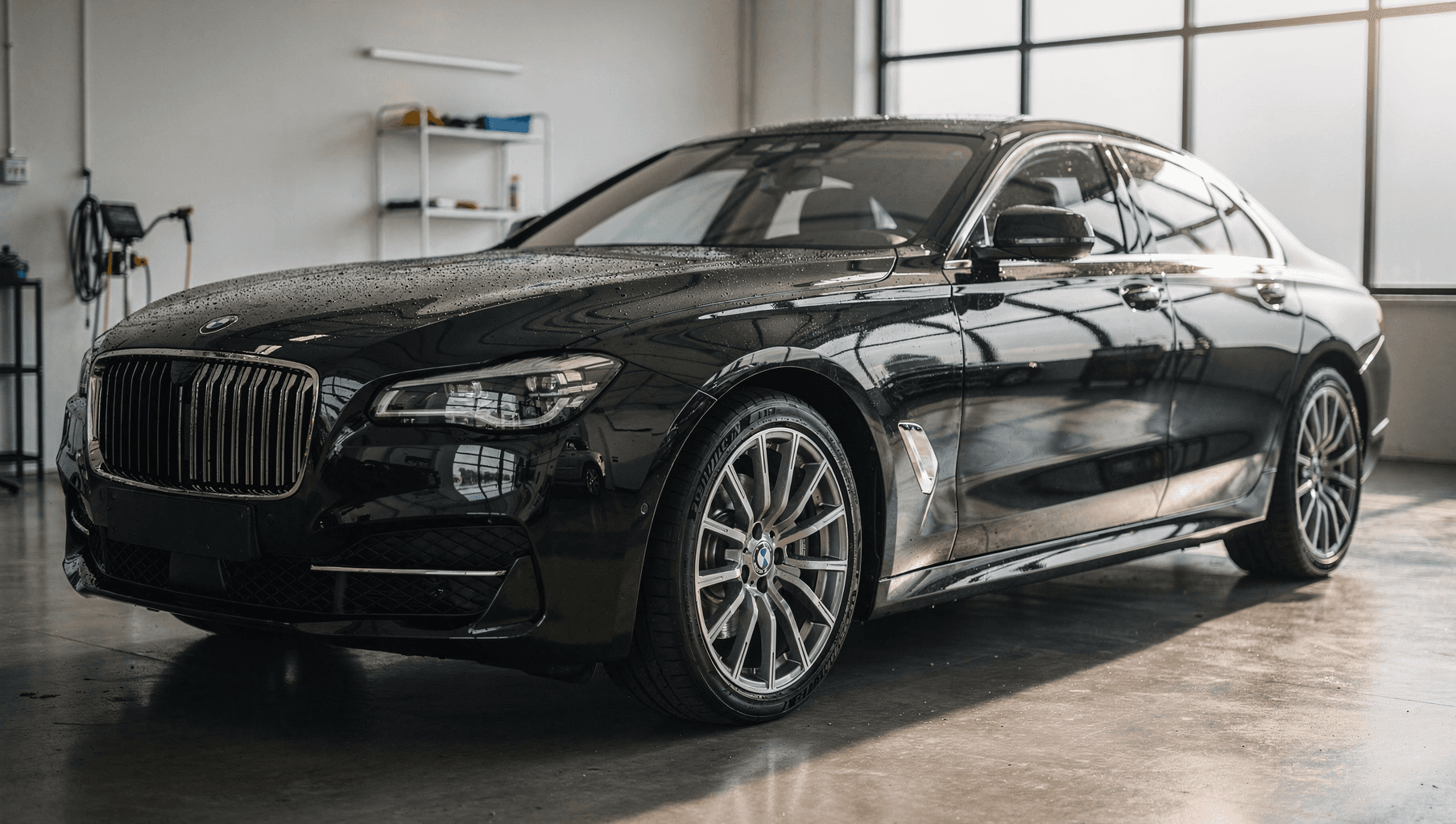 Black BMW 7-series freshly detailed in a professional studio